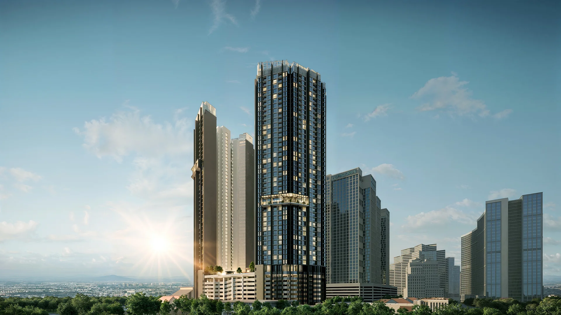 Exterior type: high-rise condominium; features: glass curtain wall, projecting balconies, feature lighting at night, approximately 30-storey high-rise, surrounded by mature greenery, urban skyline view in background; style: modern.